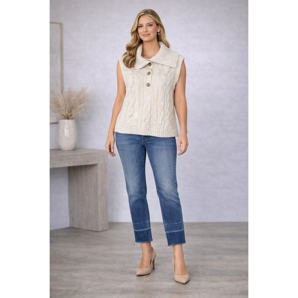 Anthropologie Sweaters - ANTHROPOLOGIE Cable Knit Sweater Vest MEDIUM Ivory Button Mock Neck Turkey